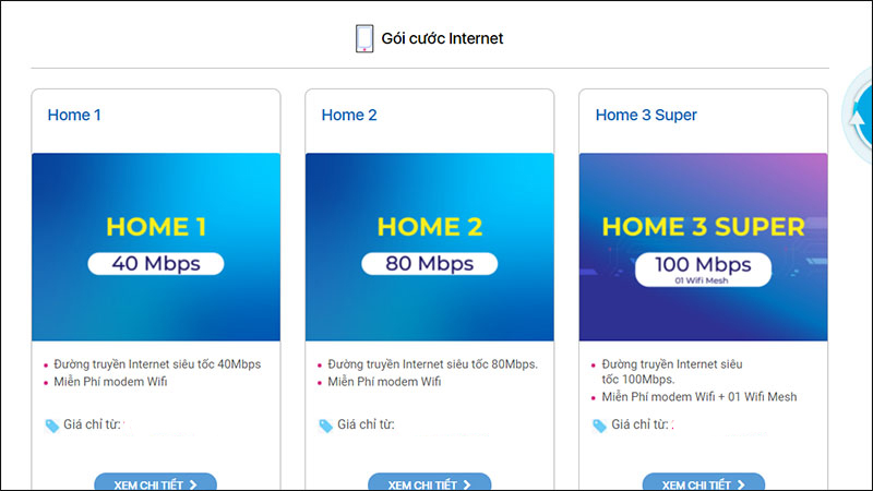 Các gói Internet chia theo bitrate của VNPT